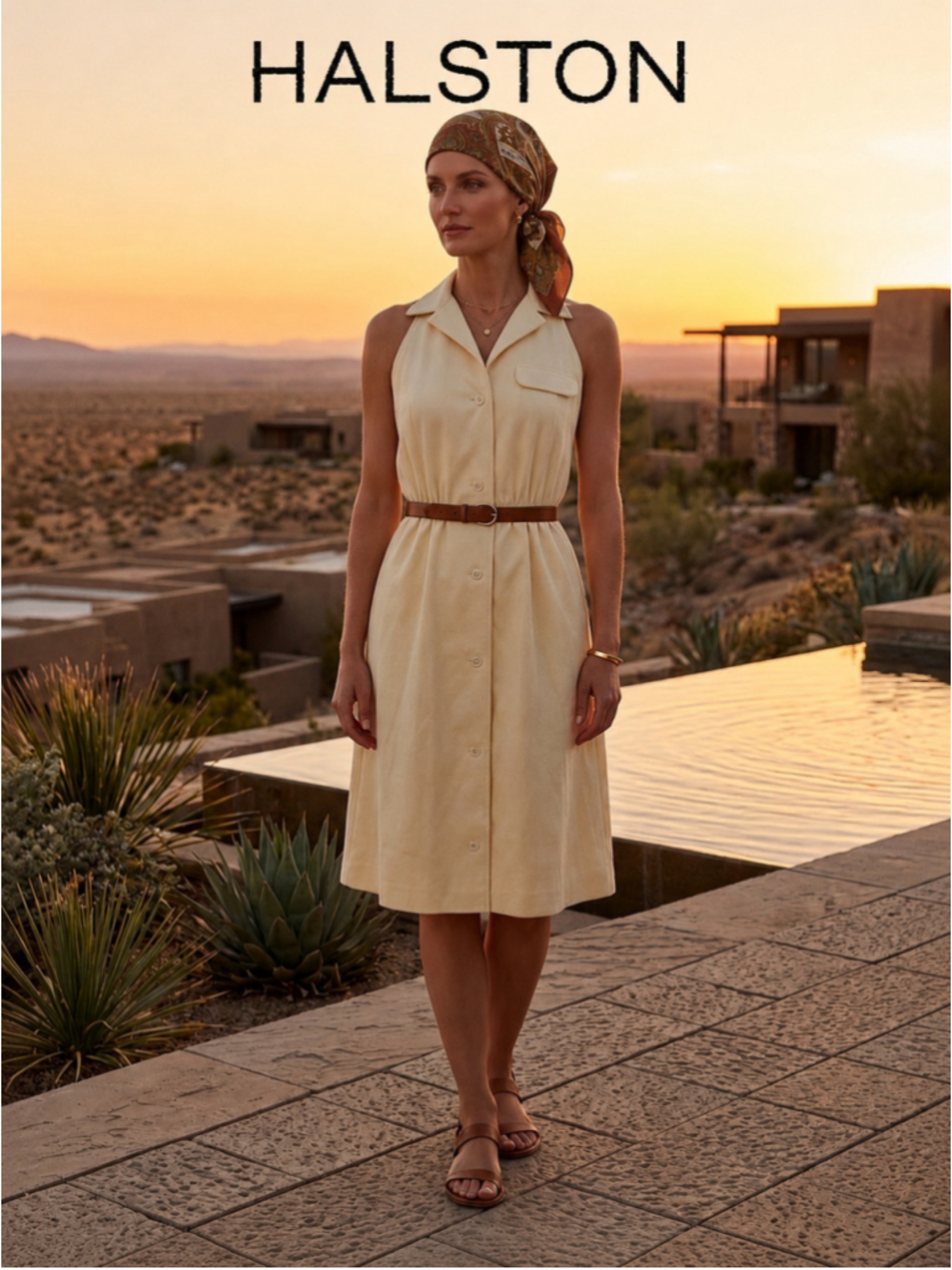 Authentic Vintage Halston Ivory Ultrasuede Sleeveless Shirt Dress Small